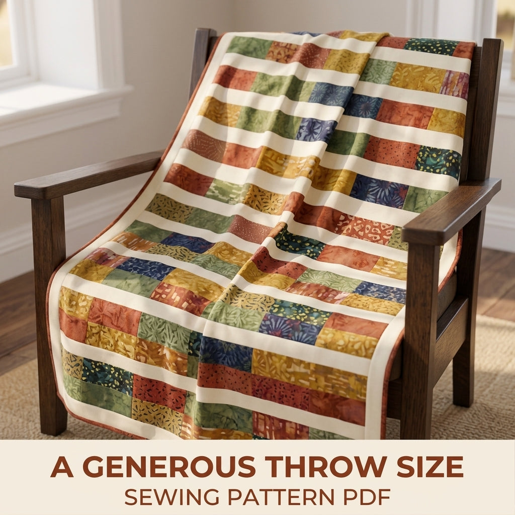 Modern Bars Quilt Pattern PDF – Easy Rectangle Throw Quilt with Batik Bars and Cream Stripes