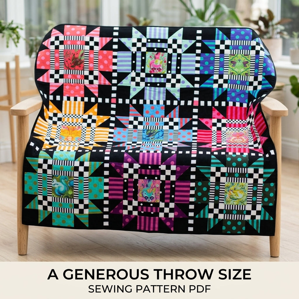 Star Checker Frame Quilt Pattern PDF – Bold Fussy Cut Star Block Quilt on Black