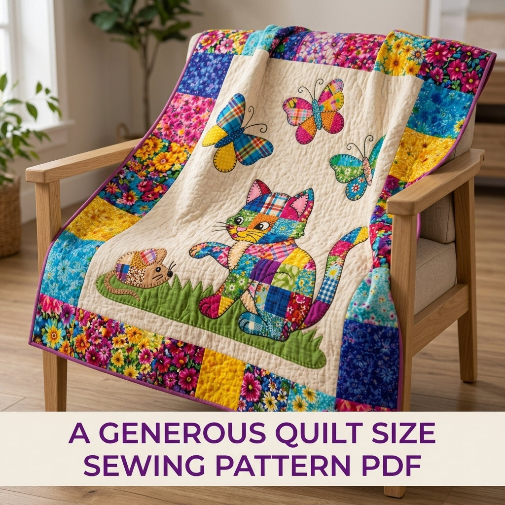 Patchwork Cat and Butterflies Quilt Sewing Pattern PDF – Scrappy Appliqué Quilt
