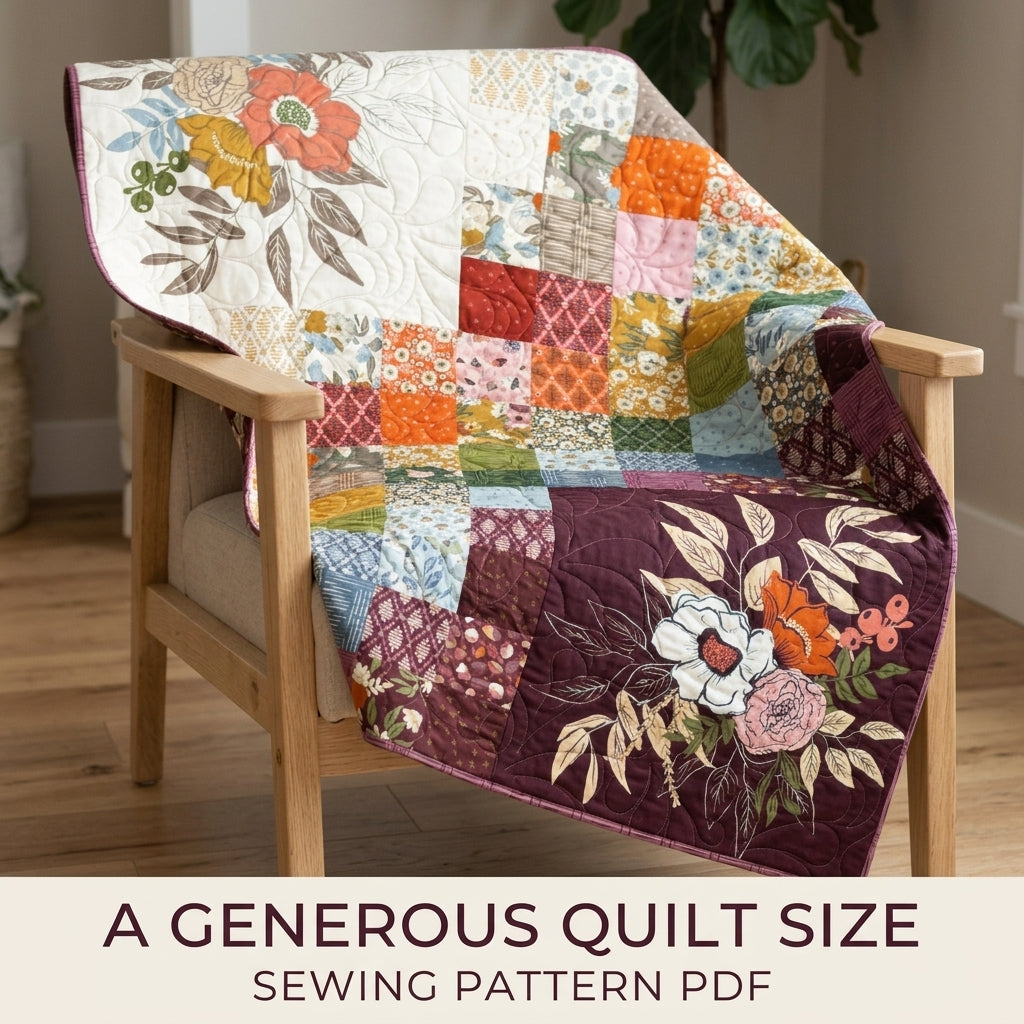 Floral Panel Patchwork Quilt Sewing Pattern PDF – Easy Squares Quilt with Large Print Blocks