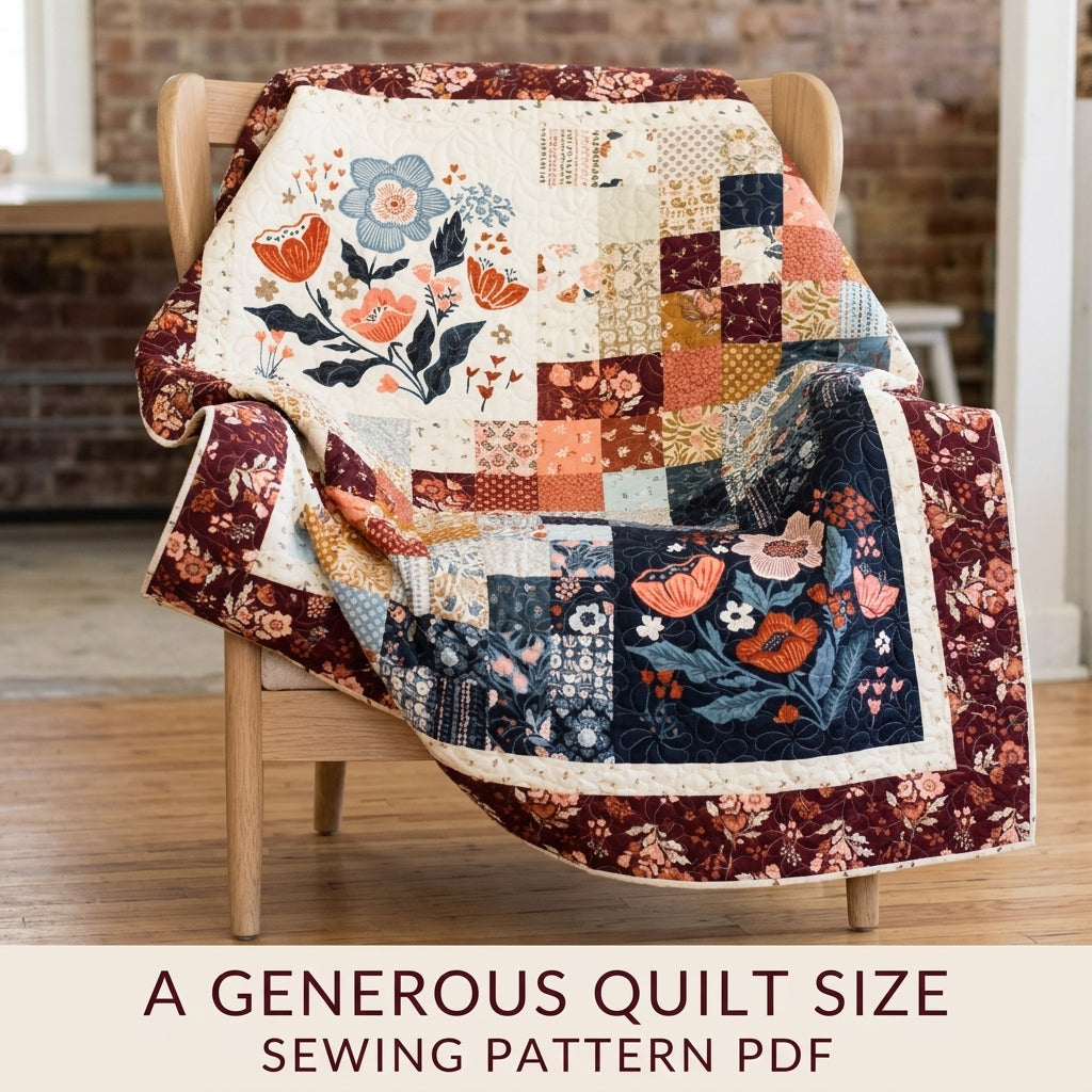 Navy and Burgundy Floral Panel Squares Quilt Sewing Pattern PDF – Easy Quilt with Two Large Print Blocks
