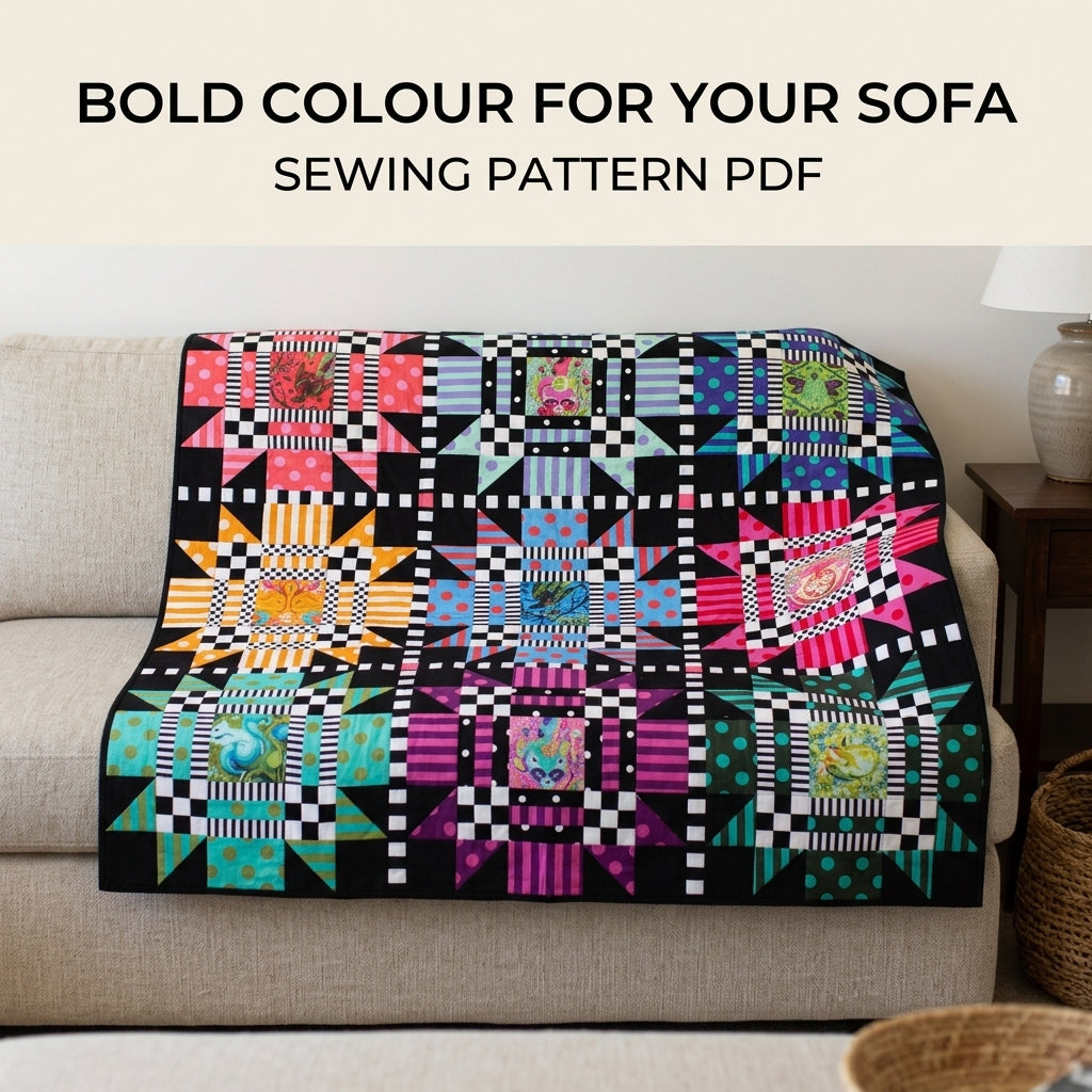 Star Checker Frame Quilt Pattern PDF – Bold Fussy Cut Star Block Quilt on Black