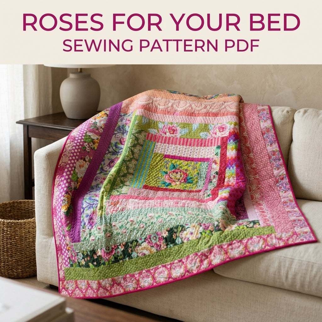 Pink Rose Log Cabin Medallion Quilt Pattern PDF – Big Strip Quilt for Large Prints