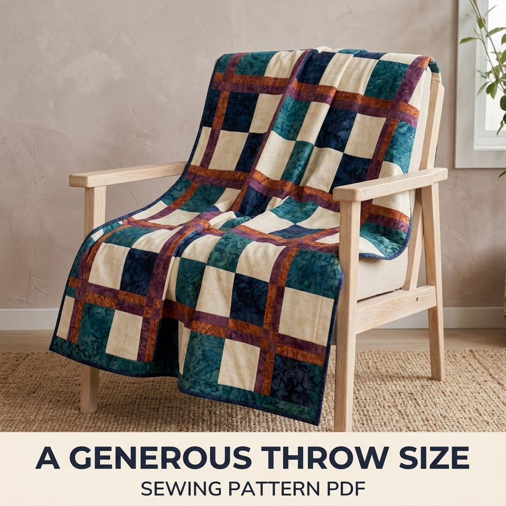 Modern Tartan Quilt Pattern PDF – Plaid Throw Quilt with Squares and Double Sashing