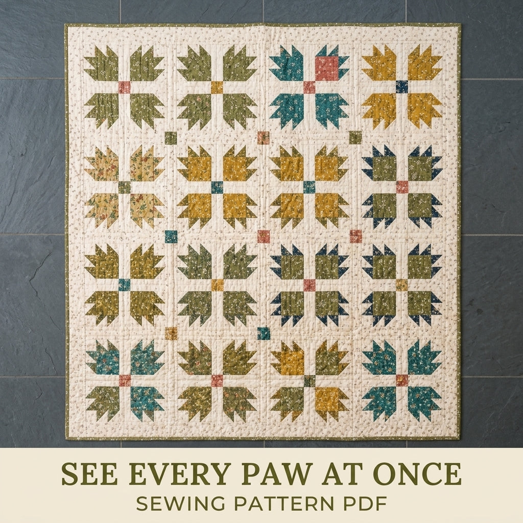 Bear's Paw Quilt Pattern PDF – Traditional Throw Quilt with Earthy Floral Prints