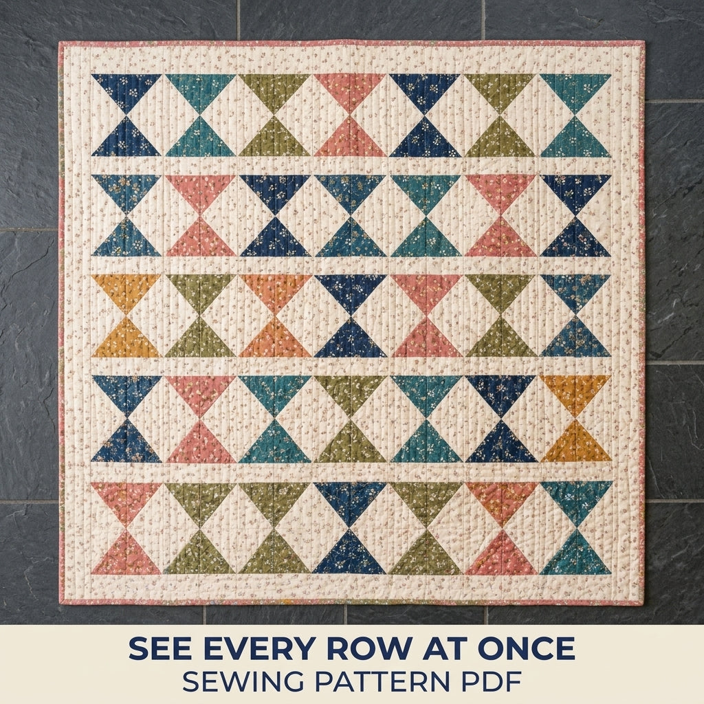 Hourglass Rows Quilt Pattern PDF – Traditional Throw Quilt with Sashed Rows of Hourglass Blocks