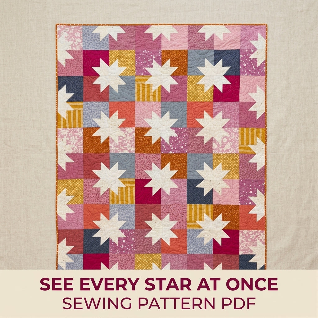 Scrappy Star Grid Quilt Pattern PDF – Large Square Throw Quilt with Eight-Point Stars