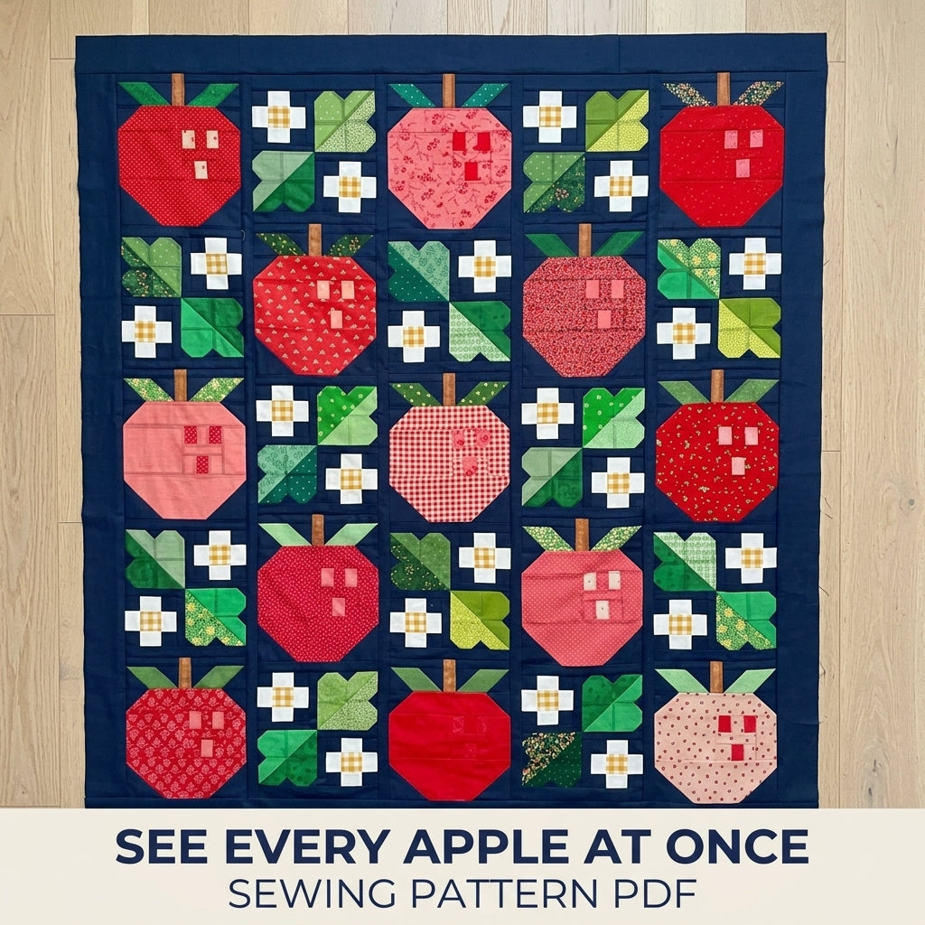 Apple Orchard Quilt Pattern PDF – Pieced Apple and Blossom Block Throw on Navy