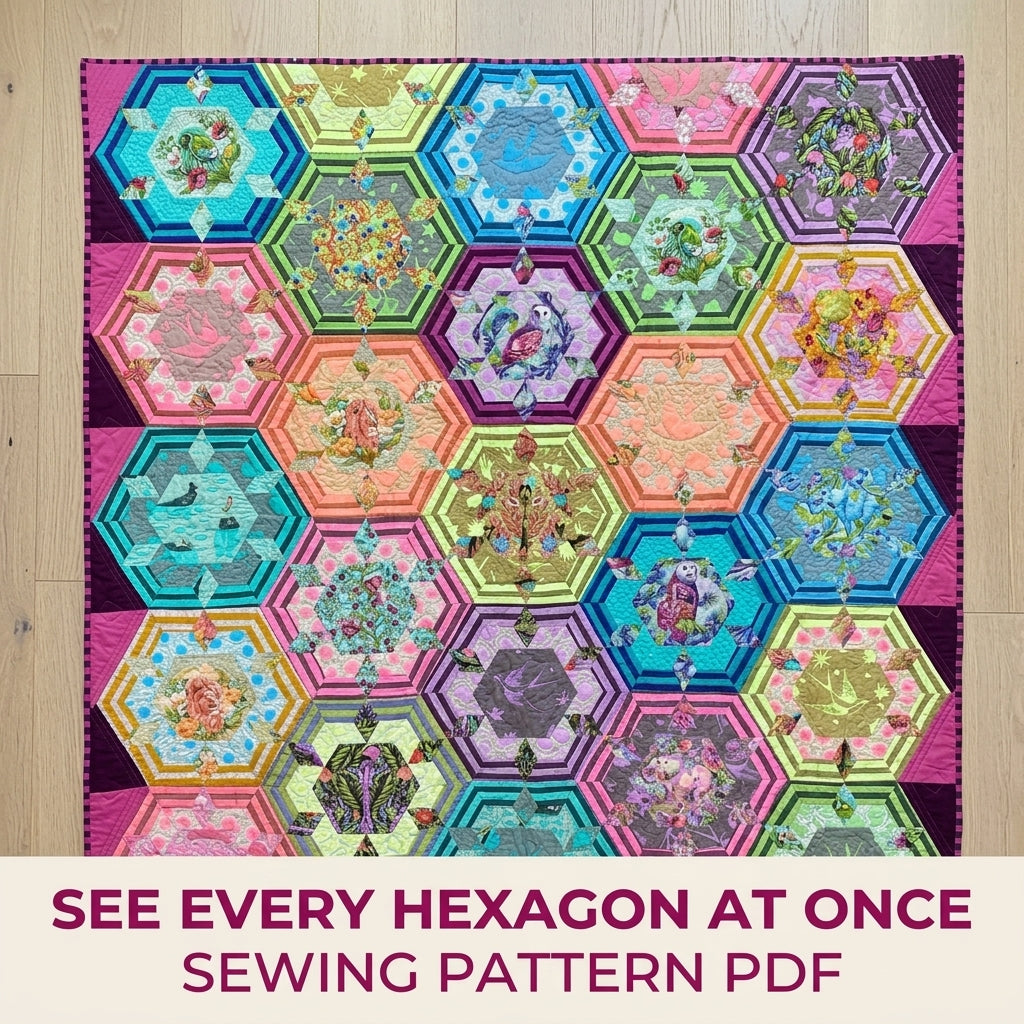 Framed Hexagon Feature Quilt Pattern PDF – Fussy Cut Hexagon Quilt for Big Prints