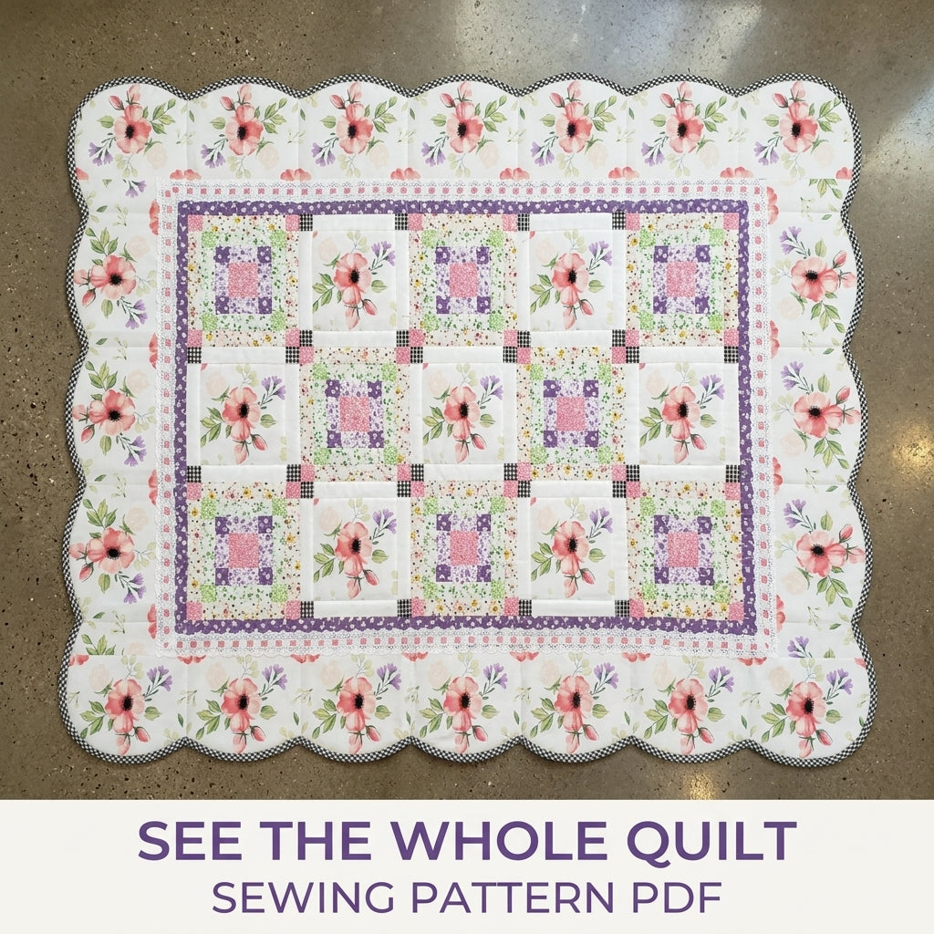 Scalloped Floral Border Quilt Pattern PDF – Romantic Quilt with Lace and Gingham Binding