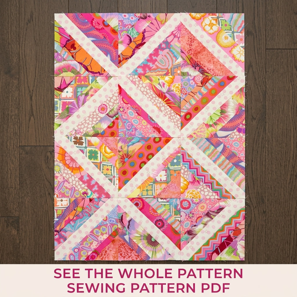 Pink String X Quilt Pattern PDF – Scrappy String Pieced Quilt with Polka Dot Strips