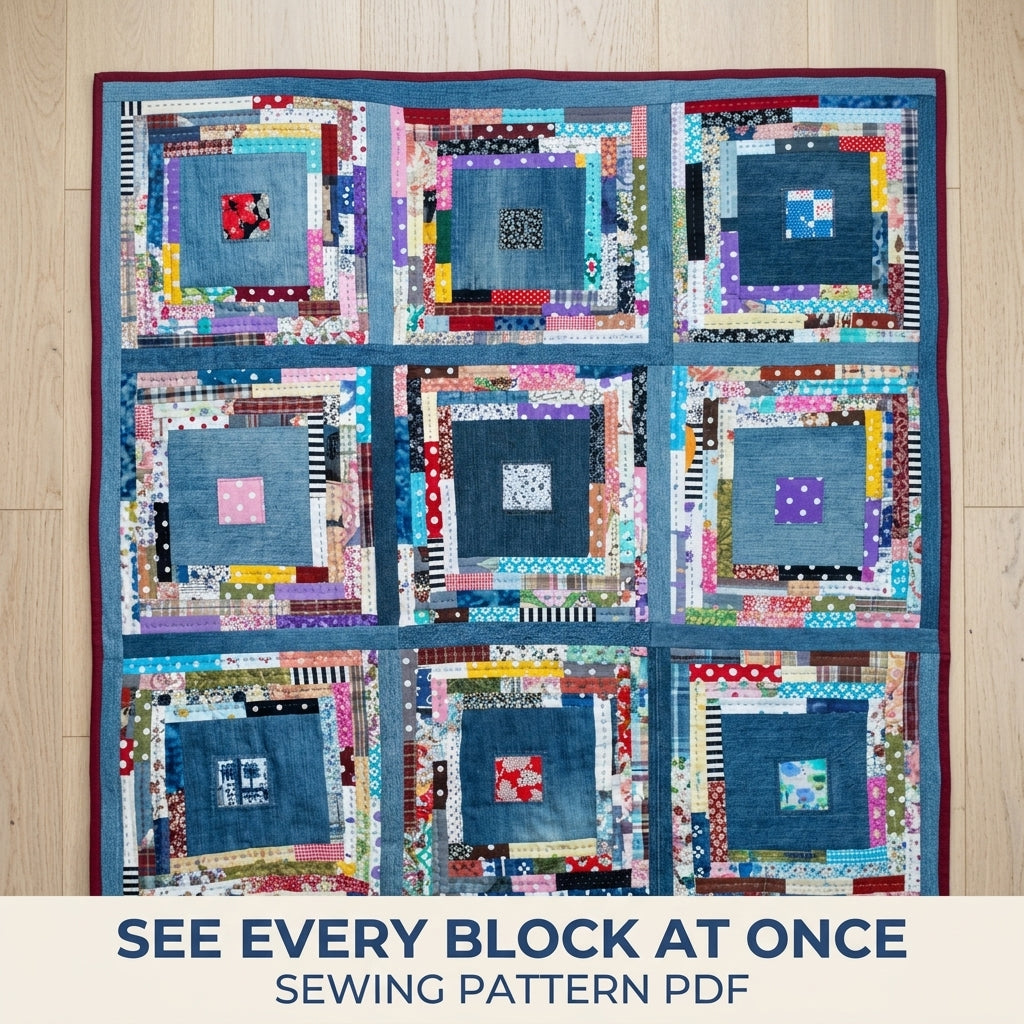 Scrappy Denim Square Quilt Sewing Pattern PDF – Upcycled Jeans Log Cabin Quilt