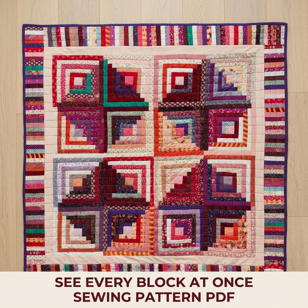 Scrappy Log Cabin Piano Key Quilt Sewing Pattern PDF – Square Throw Quilt