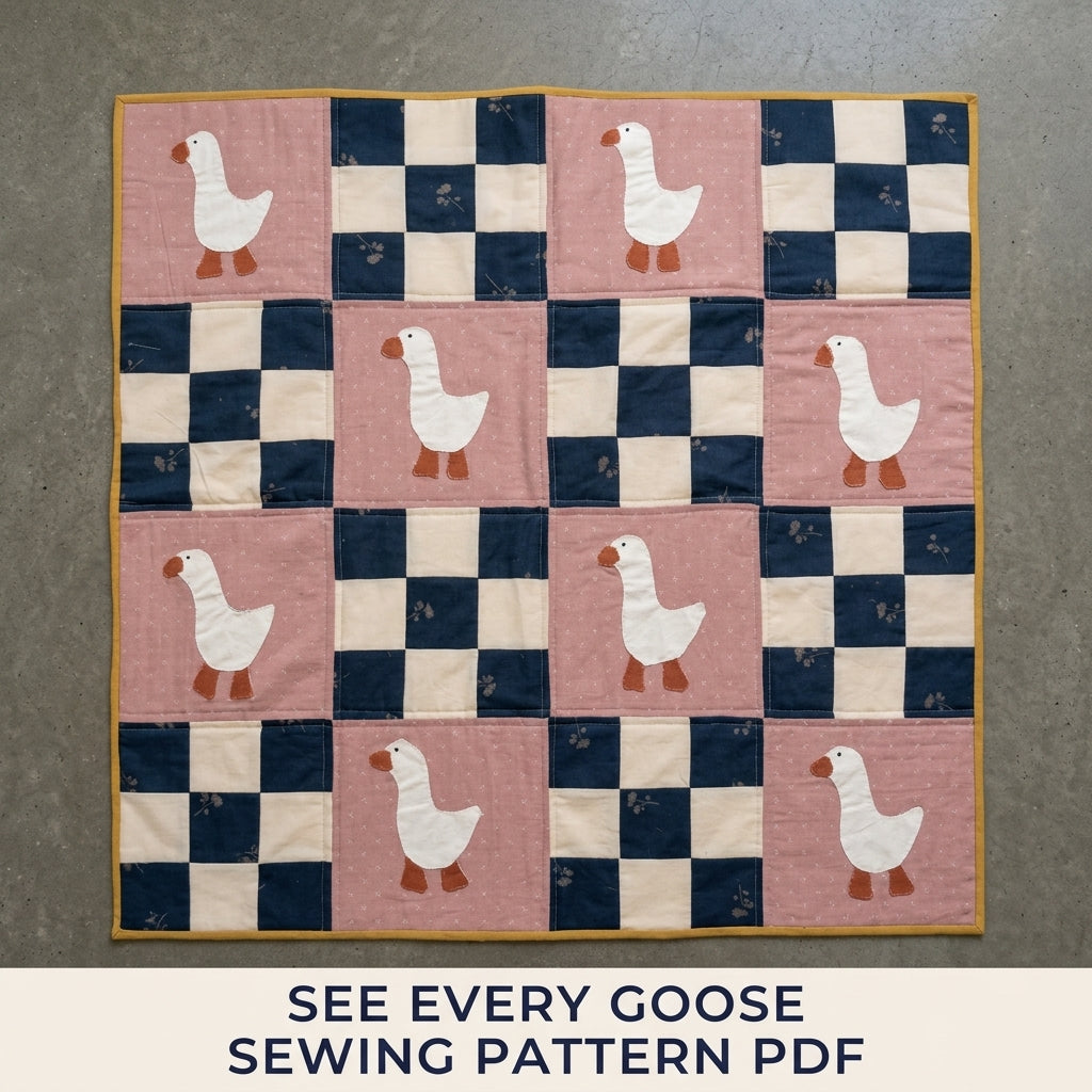 Goose Checkerboard Quilt Sewing Pattern PDF – Baby Quilt with Goose Appliqué