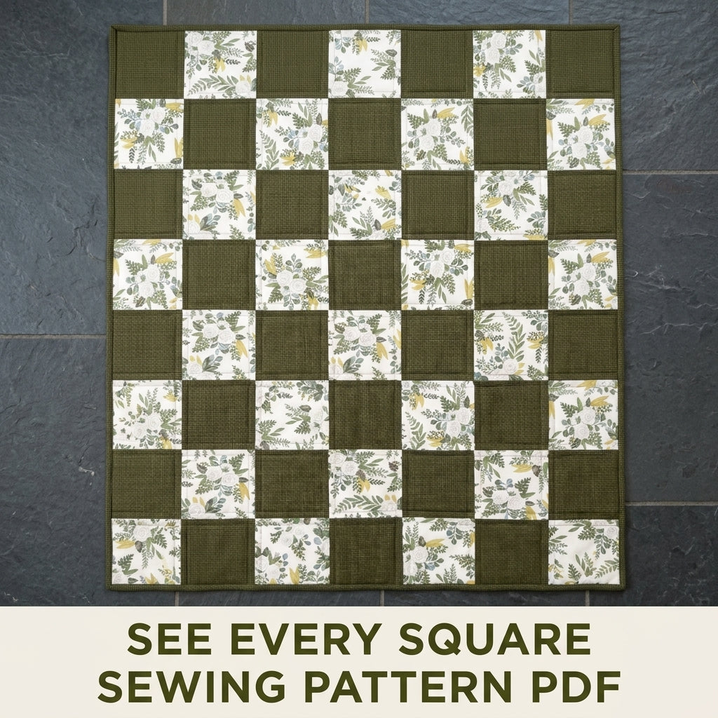 Olive Botanical Checkerboard Lap Quilt Sewing Pattern PDF – Easy Two Fabric Quilt