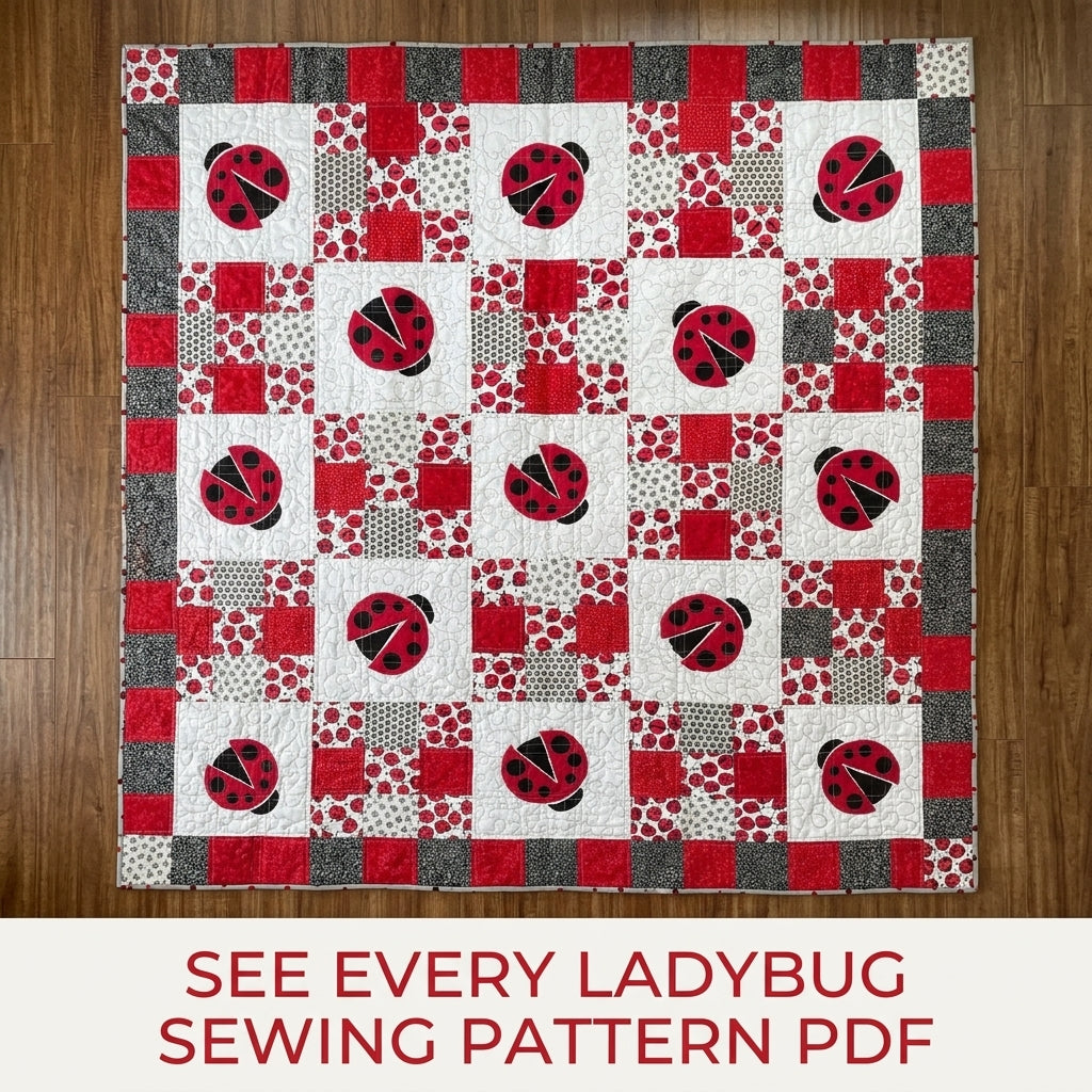 Ladybug Patchwork Quilt Sewing Pattern PDF – Appliqué Ladybug Squares Quilt