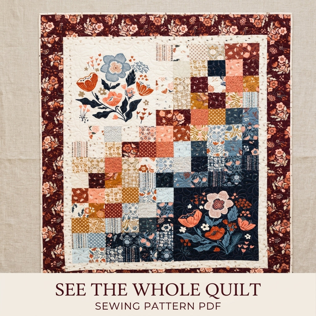 Navy and Burgundy Floral Panel Squares Quilt Sewing Pattern PDF – Easy Quilt with Two Large Print Blocks
