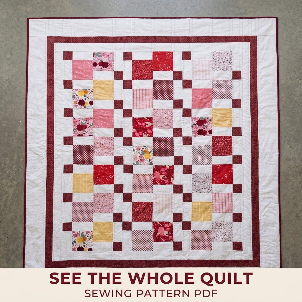 Burgundy Steps Squares Quilt Sewing Pattern PDF – Big Print Squares with Stepping Cornerstones
