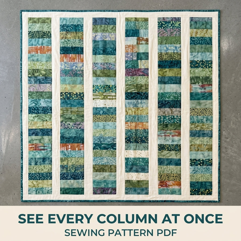Modern Coin Stack Quilt Pattern PDF – Strip Throw Quilt with Batik Columns and Cream Sashing