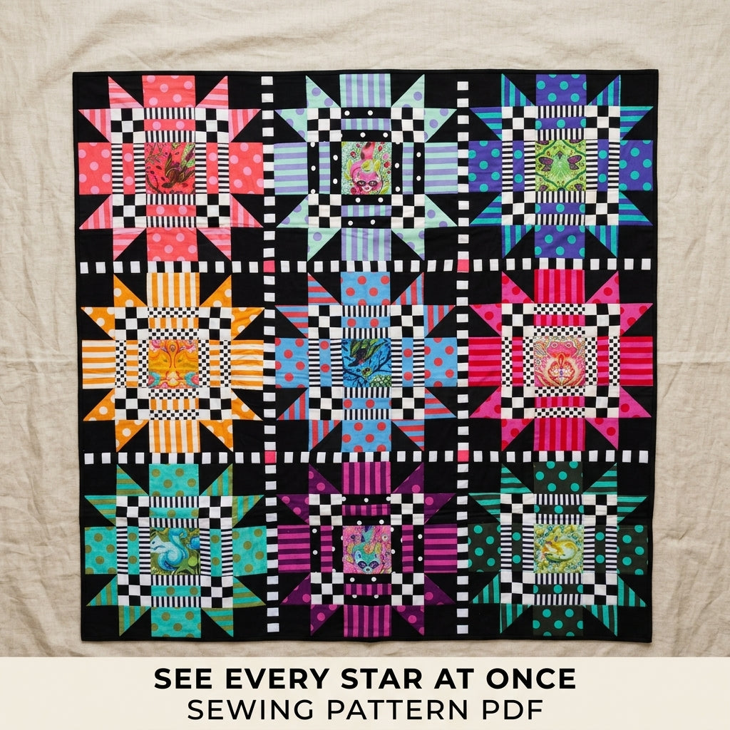 Star Checker Frame Quilt Pattern PDF – Bold Fussy Cut Star Block Quilt on Black