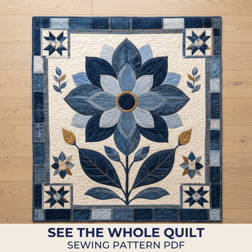 Denim Flower Medallion Quilt Sewing Pattern PDF – Upcycled Jeans Appliqué Quilt