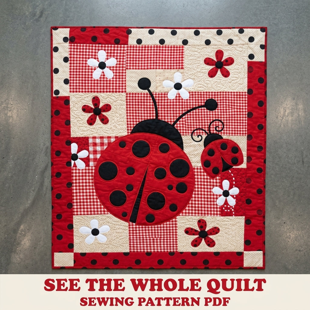 Big Ladybug Gingham Quilt Sewing Pattern PDF – Appliqué Baby Quilt