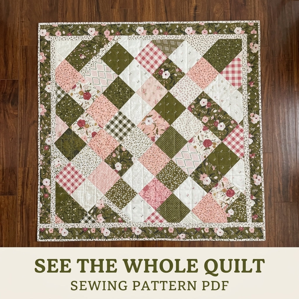 Olive and Pink Garden Patchwork Quilt Sewing Pattern PDF – Easy Squares Quilt