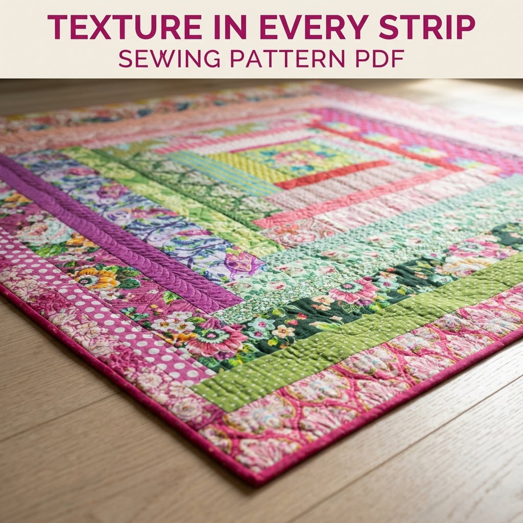 Pink Rose Log Cabin Medallion Quilt Pattern PDF – Big Strip Quilt for Large Prints