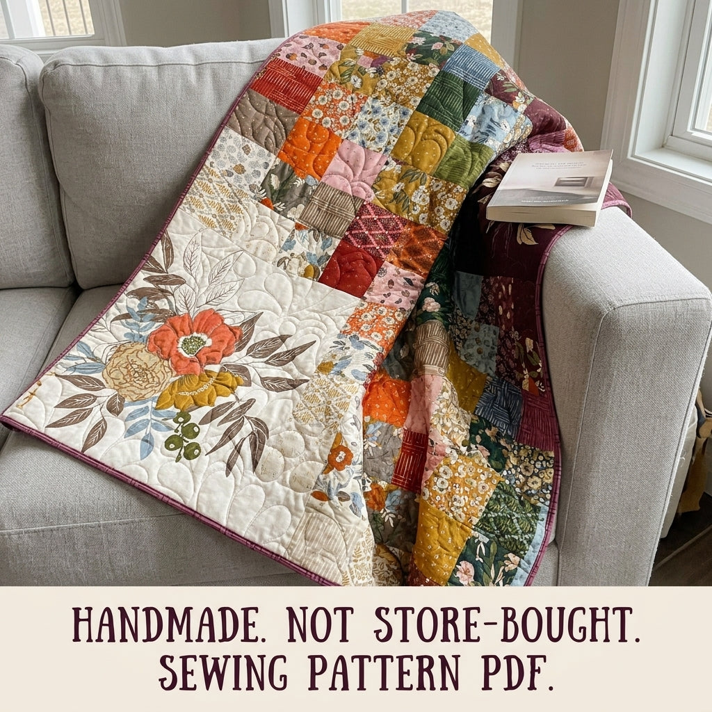Floral Panel Patchwork Quilt Sewing Pattern PDF – Easy Squares Quilt with Large Print Blocks