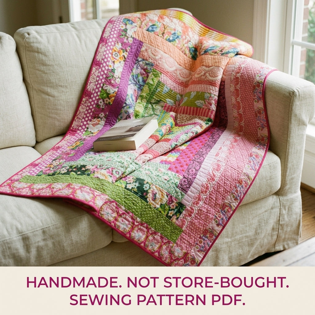 Pink Rose Log Cabin Medallion Quilt Pattern PDF – Big Strip Quilt for Large Prints
