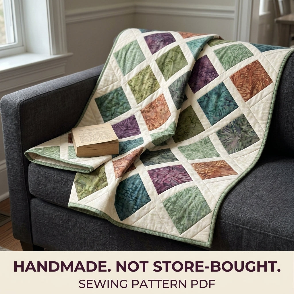 Modern Lattice Quilt Pattern PDF – Square Throw Quilt with Batik Blocks and Cream Sashing