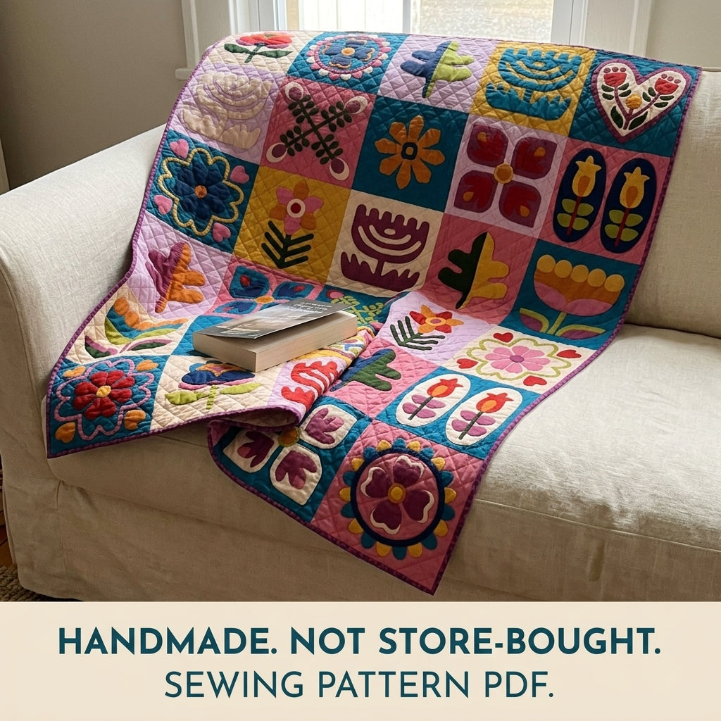 Folk Flower Sampler Quilt Pattern PDF – Scandinavian Appliqué Block Throw Quilt