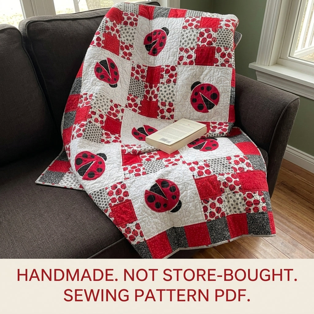 Scrappy Ladybug Patchwork Quilt Sewing Pattern PDF – Red and White Appliqué Quilt