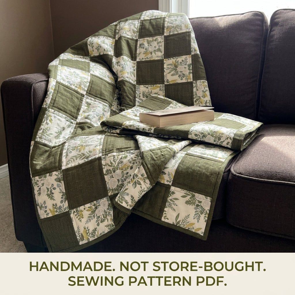 Olive Botanical Checkerboard Lap Quilt Sewing Pattern PDF – Easy Two Fabric Quilt