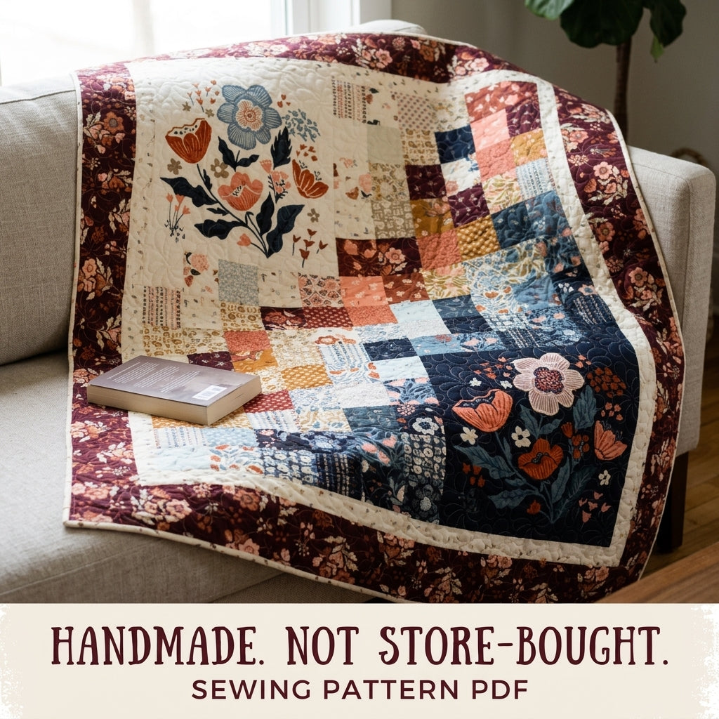 Navy and Burgundy Floral Panel Squares Quilt Sewing Pattern PDF – Easy Quilt with Two Large Print Blocks