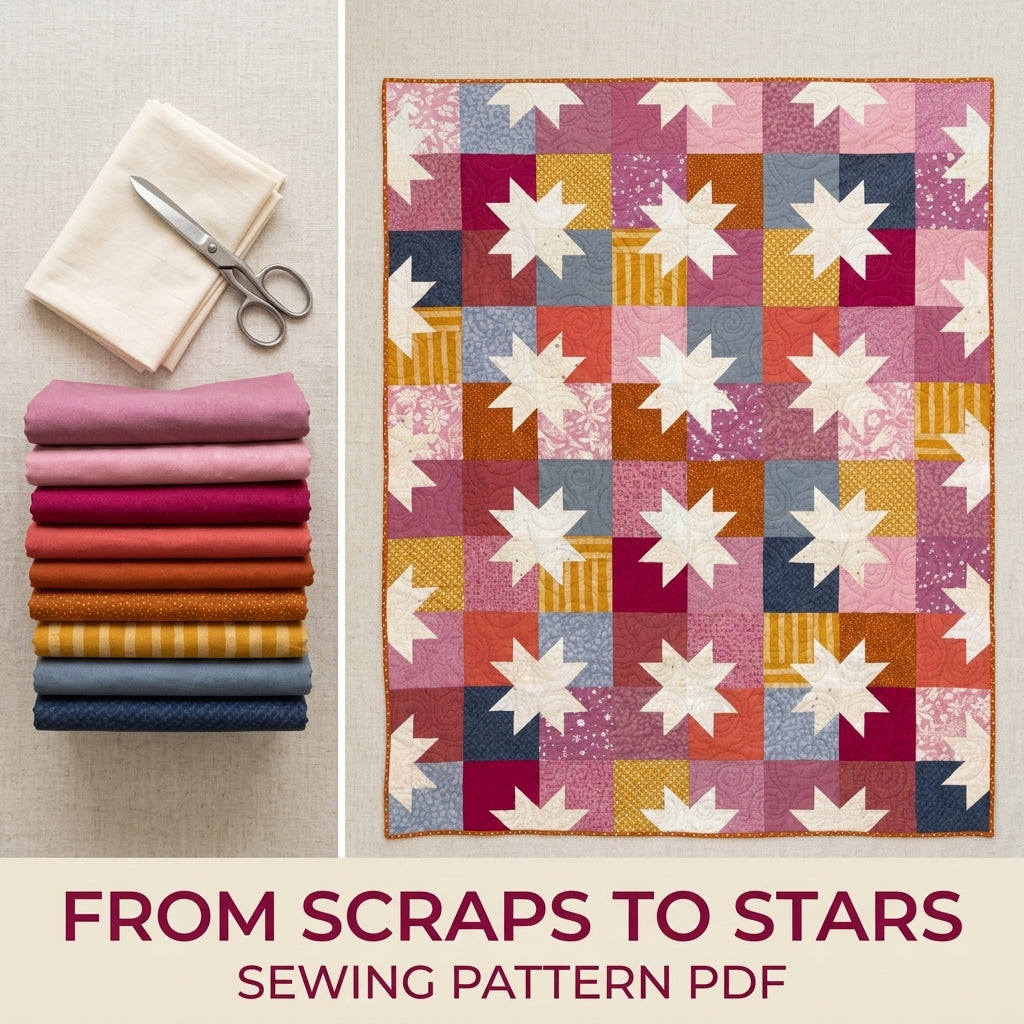 Scrappy Star Grid Quilt Pattern PDF – Large Square Throw Quilt with Eight-Point Stars