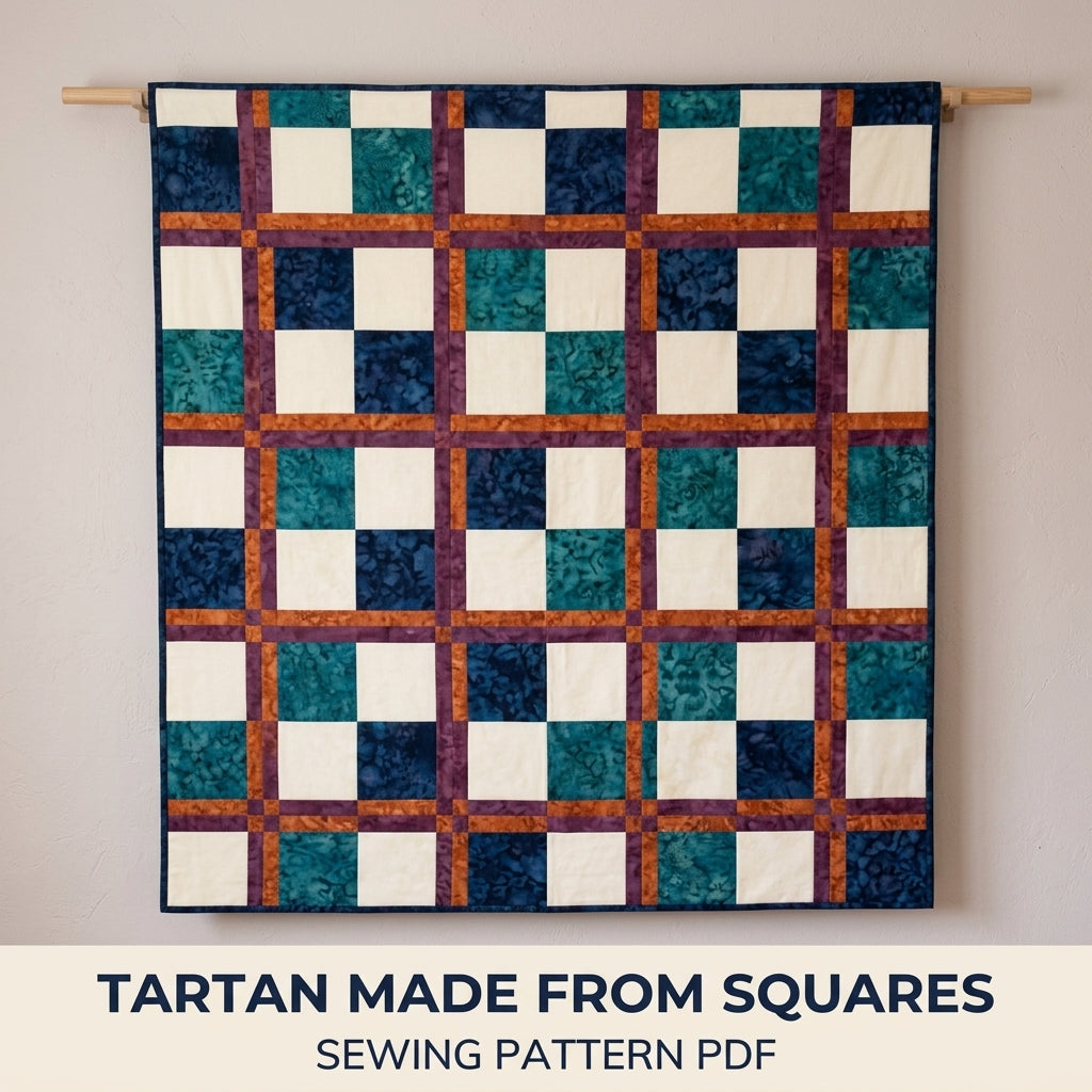 Modern Tartan Quilt Pattern PDF – Plaid Throw Quilt with Squares and Double Sashing