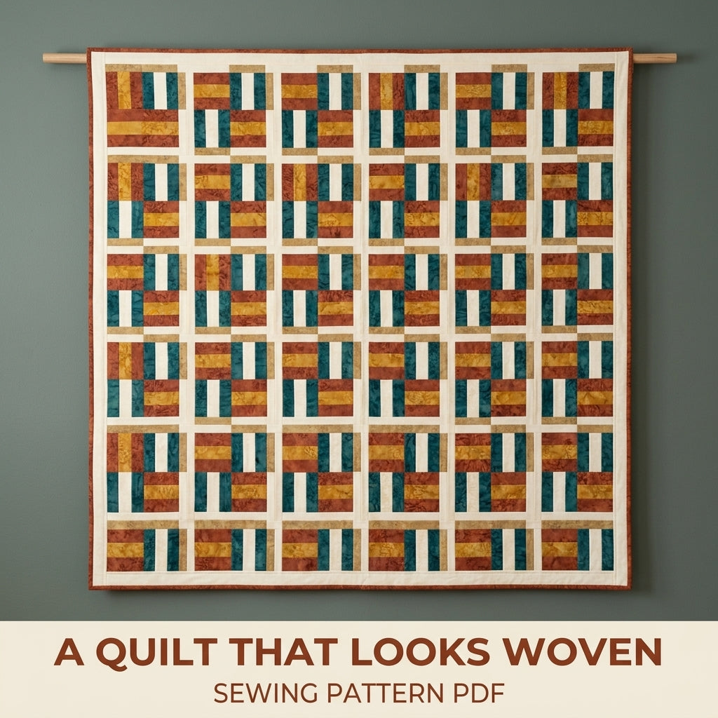 Modern Woven Quilt Pattern PDF – Basket Weave Strip Throw Quilt in Rust, Gold and Teal