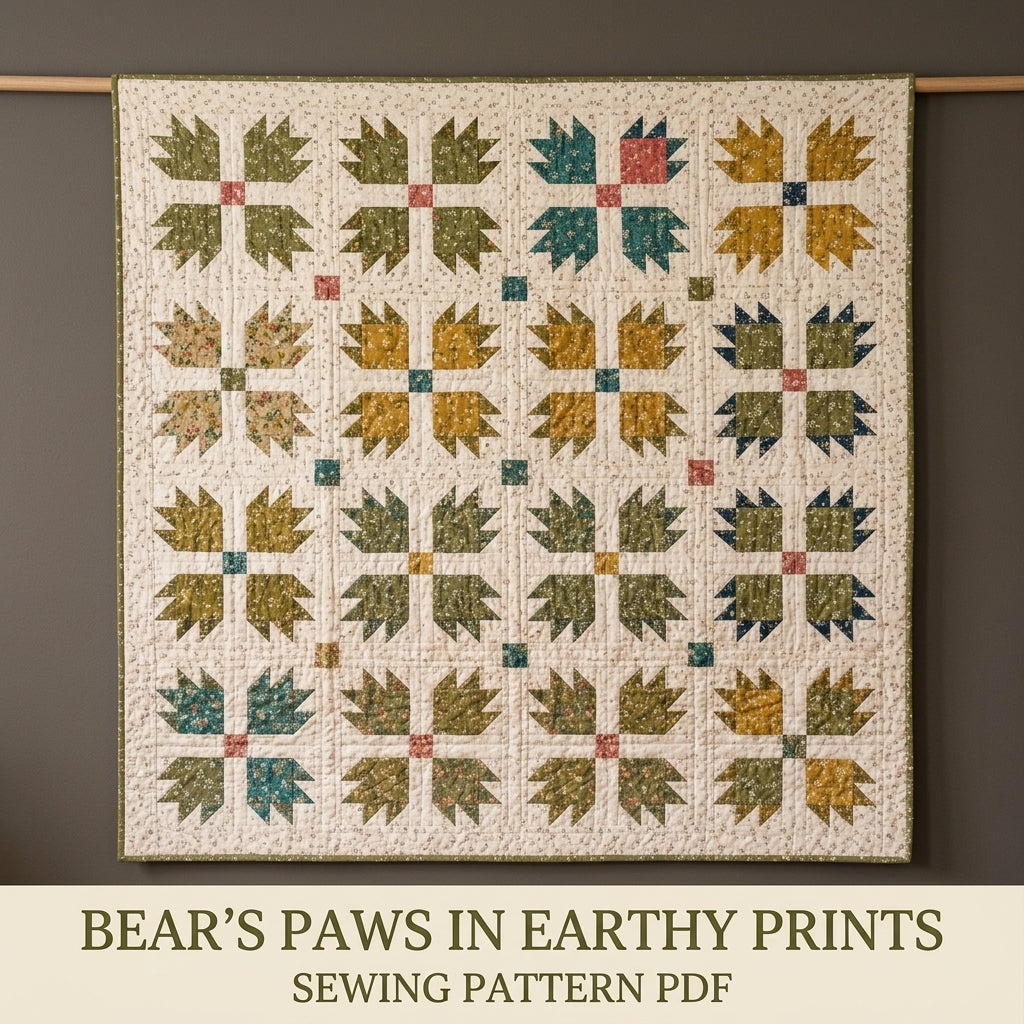 Bear's Paw Quilt Pattern PDF – Traditional Throw Quilt with Earthy Floral Prints