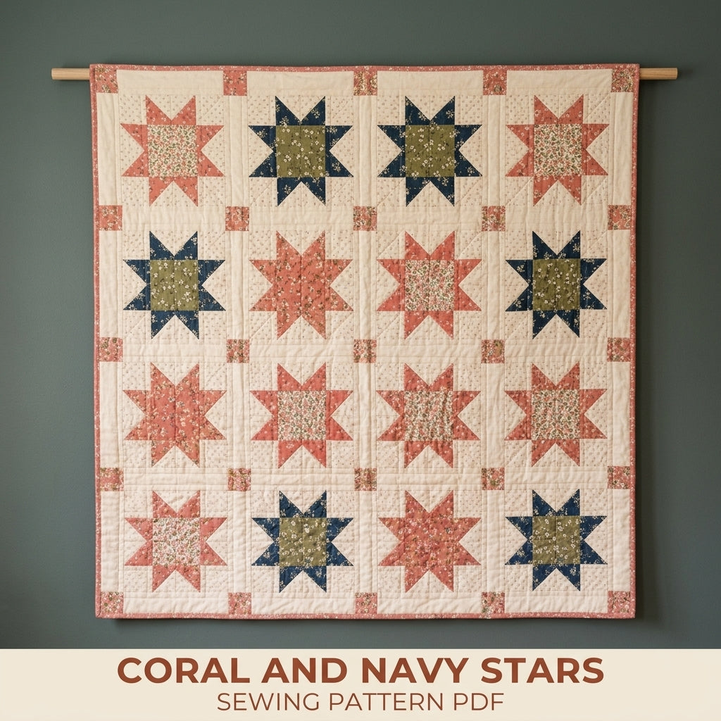 Sawtooth Star Quilt Pattern PDF – Traditional Star Throw Quilt with Sashing and Cornerstones