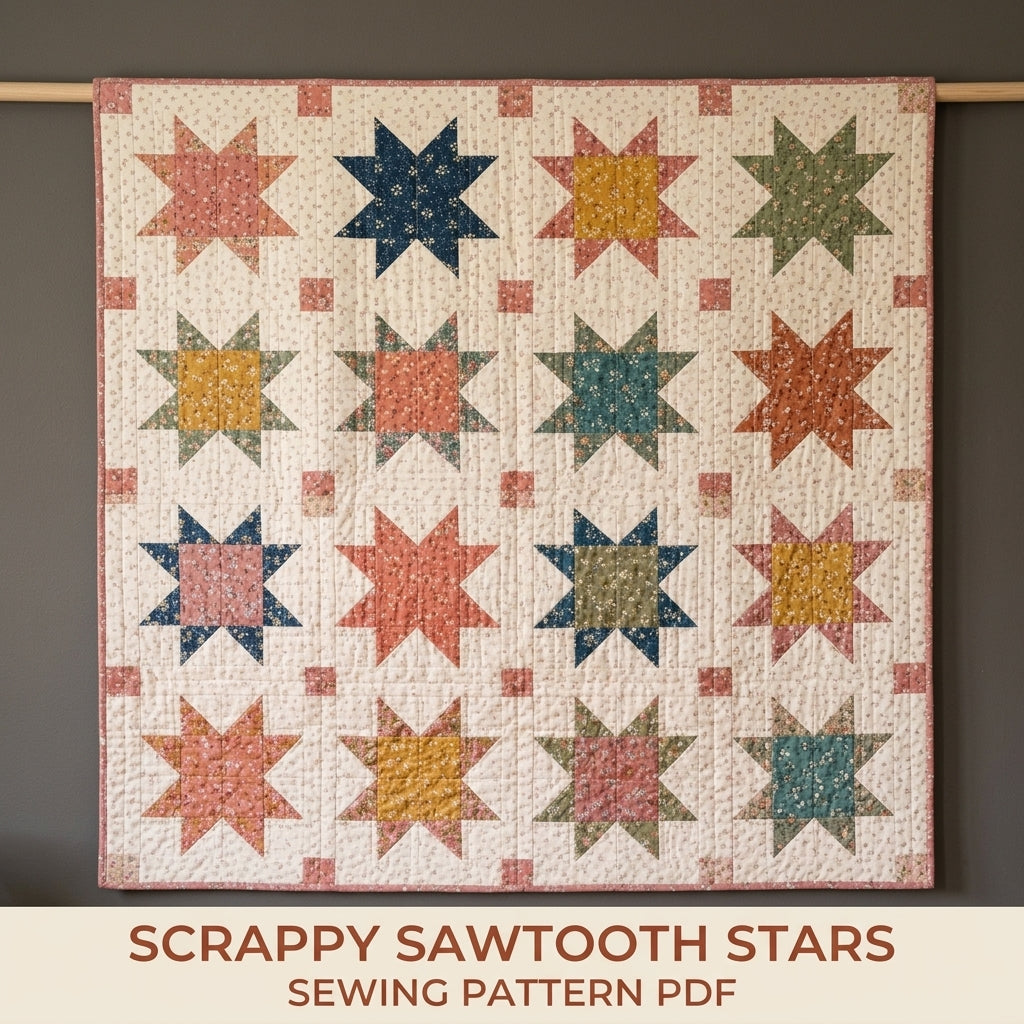 Scrappy Sawtooth Star Quilt Pattern PDF – Star Throw Quilt with Sashing and Cornerstones