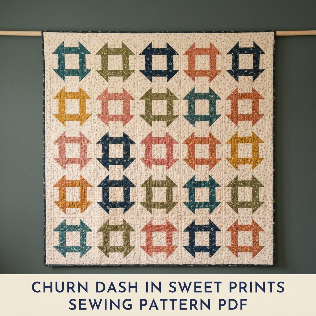 Churn Dash Quilt Pattern PDF – Traditional Throw Quilt with Floral Prints