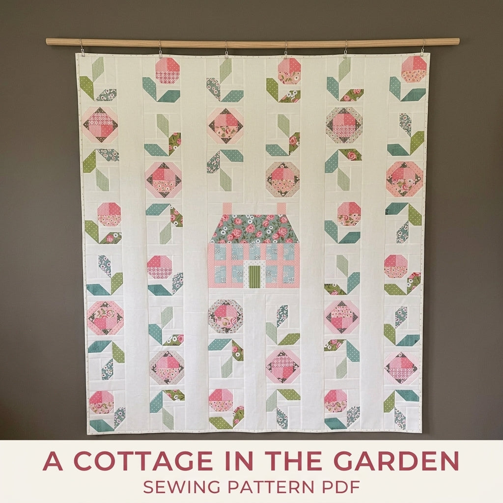Cottage Garden Quilt Pattern PDF – Column Flower Quilt with Pieced House Block