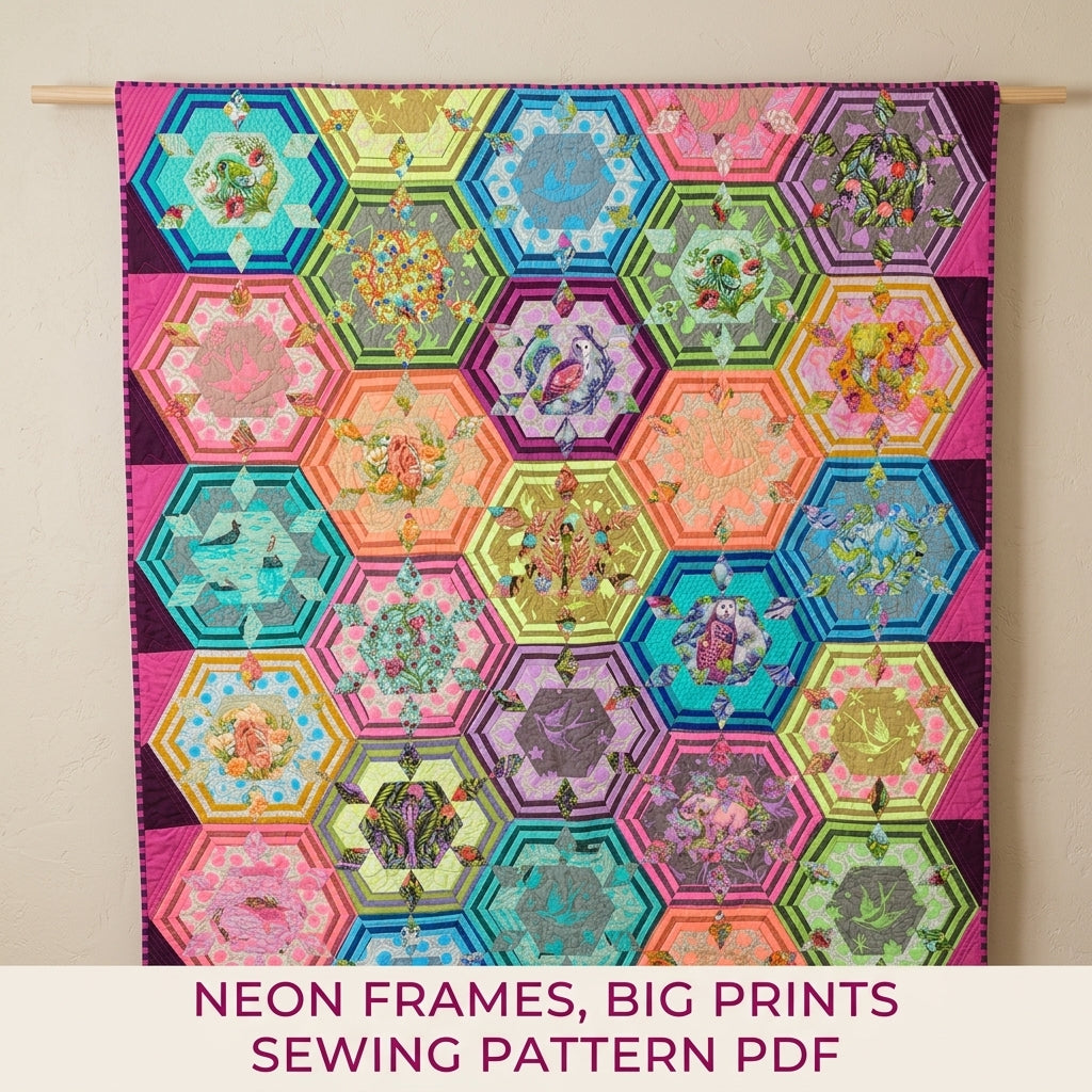 Framed Hexagon Feature Quilt Pattern PDF – Fussy Cut Hexagon Quilt for Big Prints