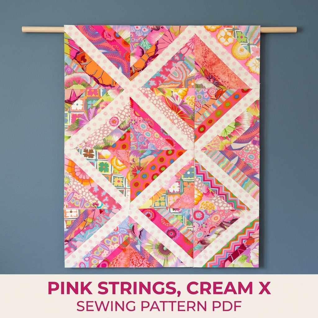 Pink String X Quilt Pattern PDF – Scrappy String Pieced Quilt with Polka Dot Strips