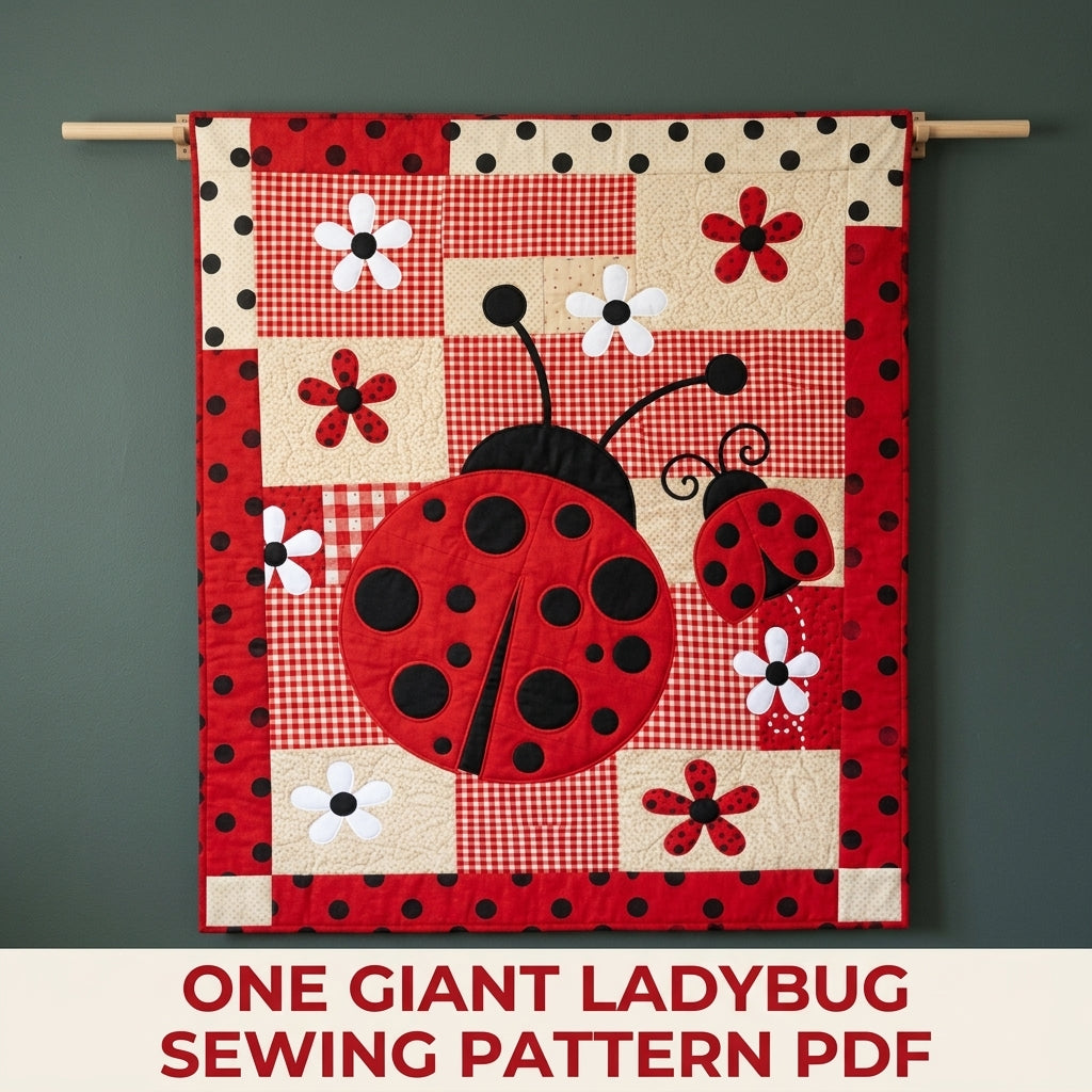 Big Ladybug Gingham Quilt Sewing Pattern PDF – Giant Ladybug Appliqué Quilt