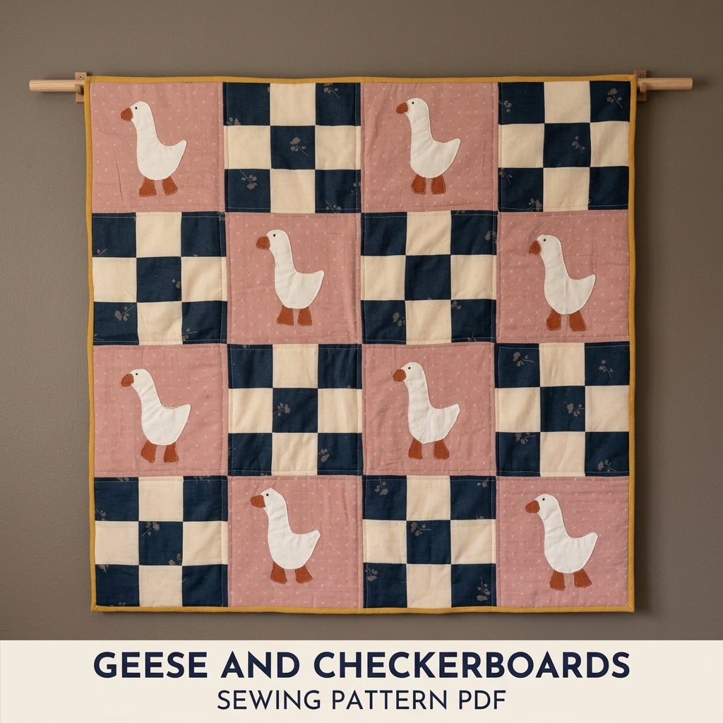 Goose Checkerboard Quilt Sewing Pattern PDF – Baby Quilt with Goose Appliqué