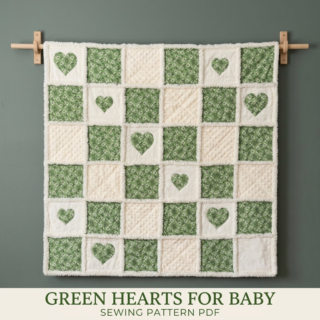 Green Heart Minky Rag Quilt Sewing Pattern PDF – Baby Rag Quilt with Hearts