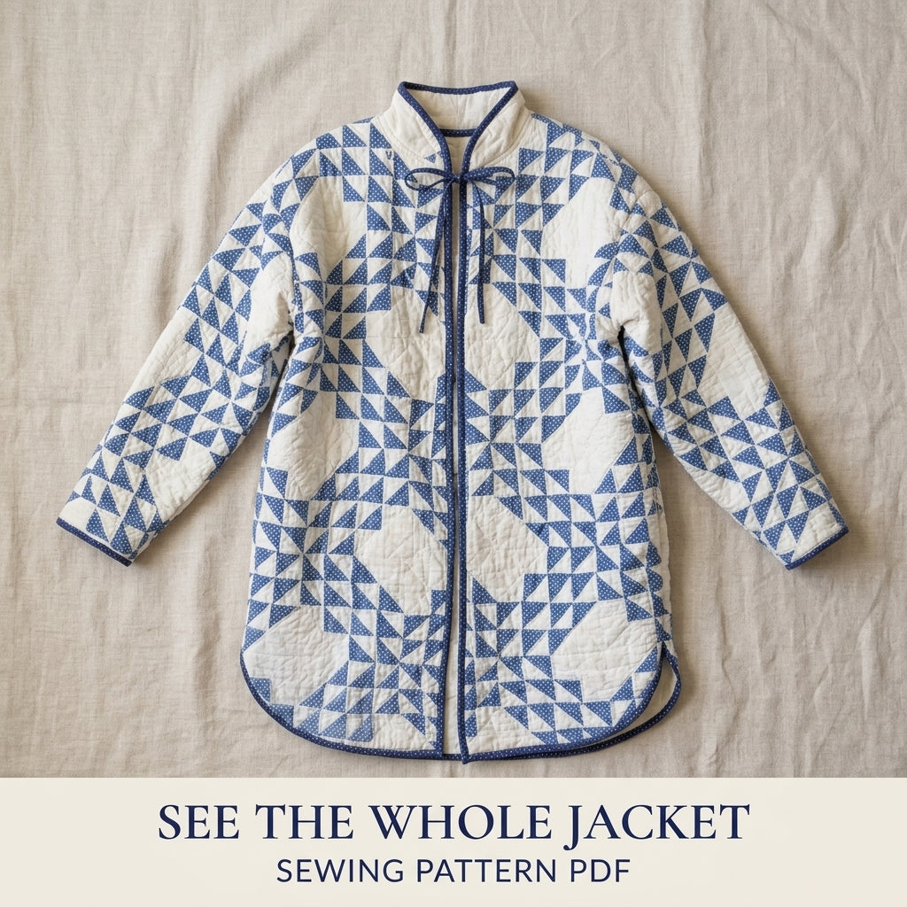Blue Star Quilt Jacket Sewing Pattern PDF – Tie Collar Jacket with Gathered Back Yoke