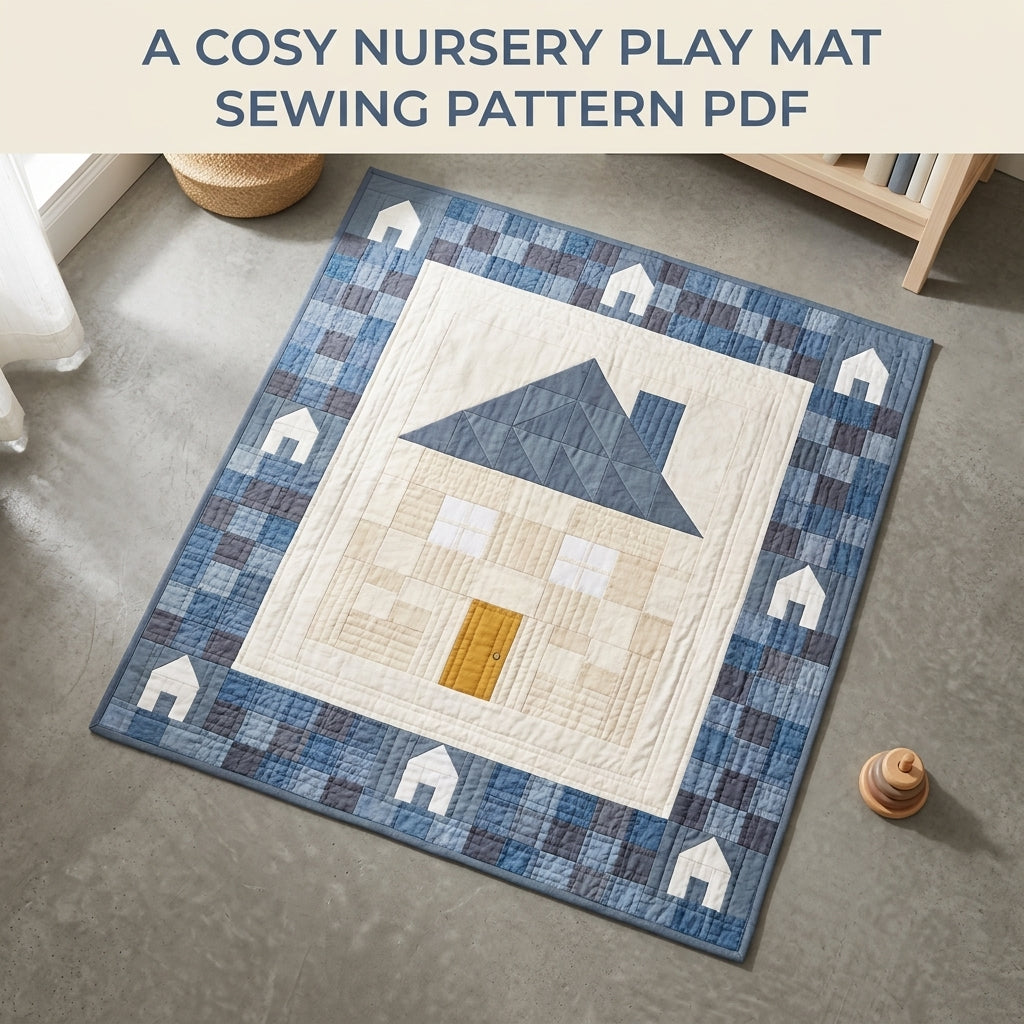 Little House Baby Quilt Pattern PDF – Pieced Nursery Quilt with Blue Checkerboard Border